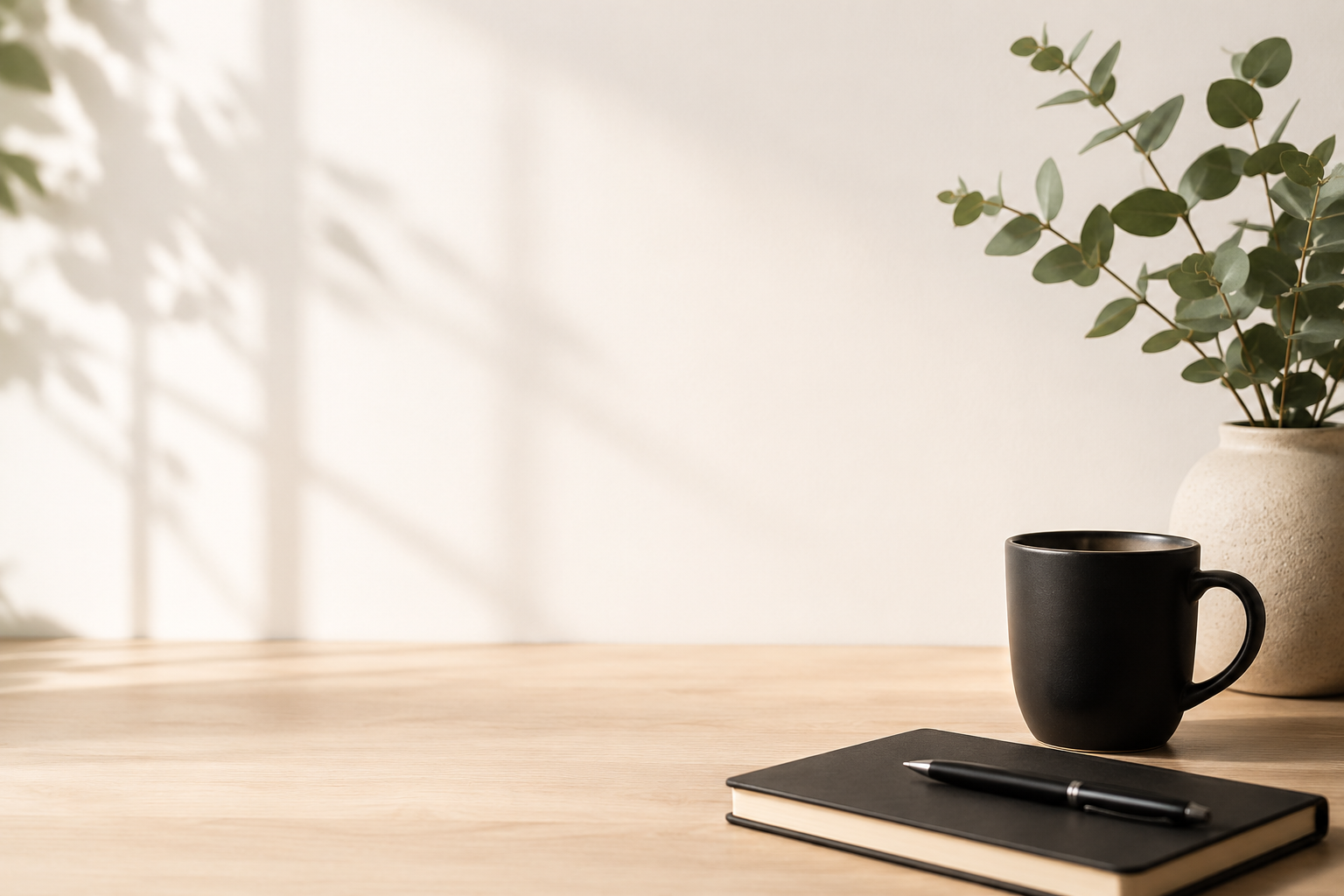 Office desk with notebook, coffee mug and eucalyptus plant